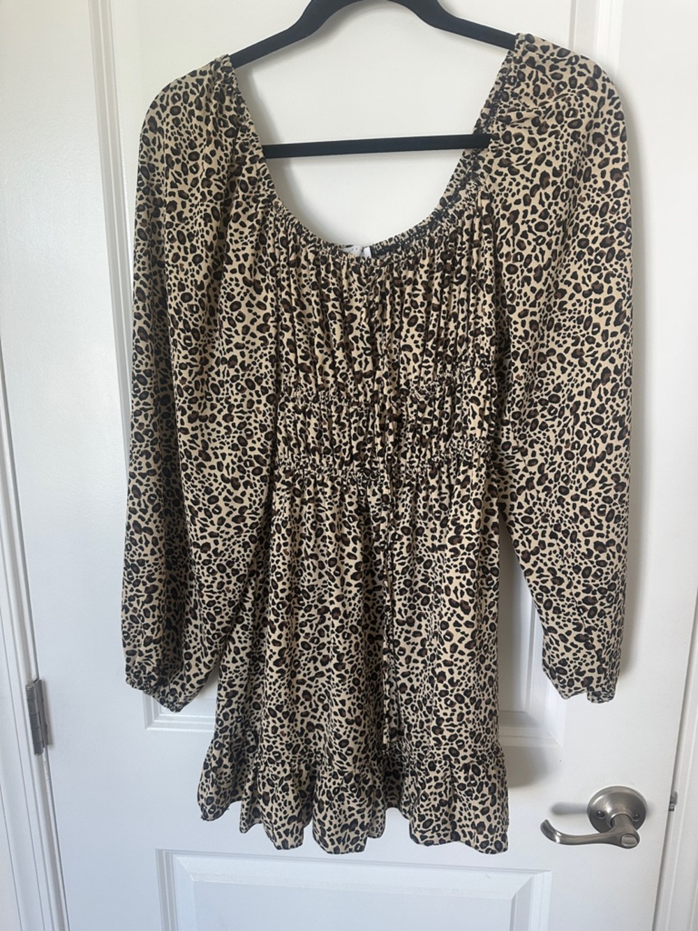 ASOS Beige and Black Leopard-Print Long Sleeve Smocked Mini Dress